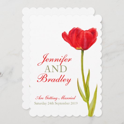 Faire-part de mariage blanc à tulipe rouge unique (Devant / Derrière)