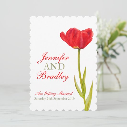Faire-part de mariage blanc à tulipe rouge unique (Debout devant)