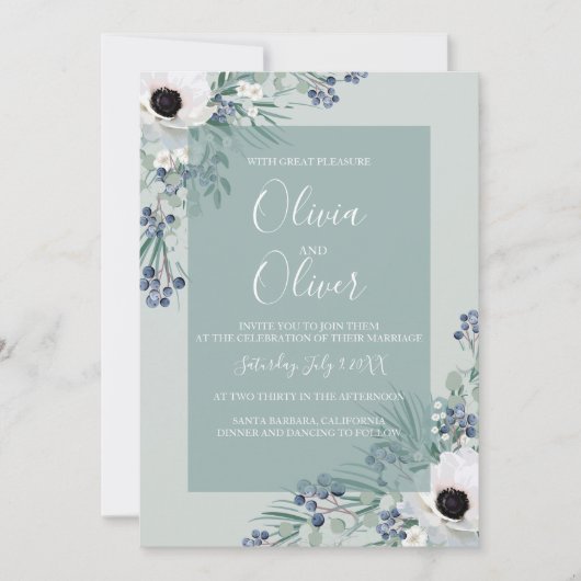 Faire-part de mariage blanc anémone vert sauge (Devant)