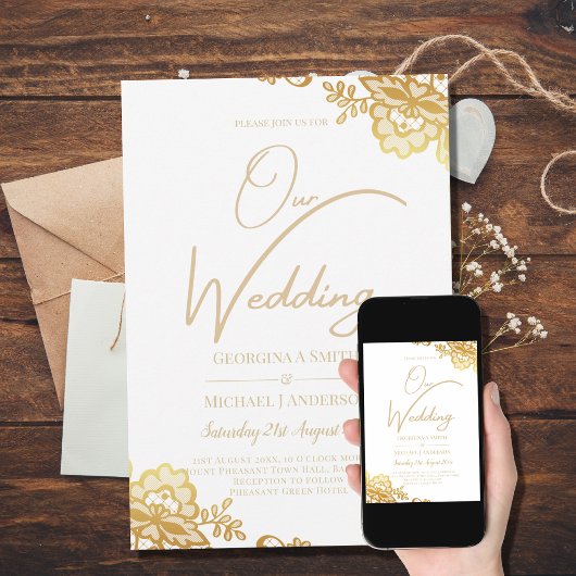Faire-part de mariage blanc avec dentelle dorée Cl