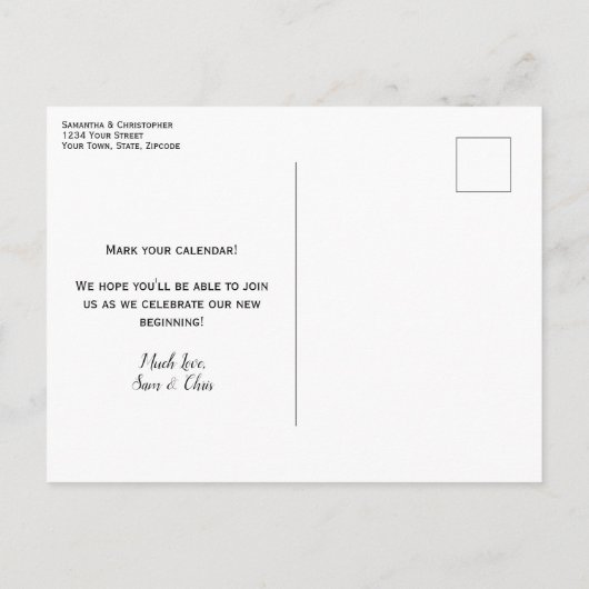 Faire-part de mariage blanc avec photo et calligra (Dos)