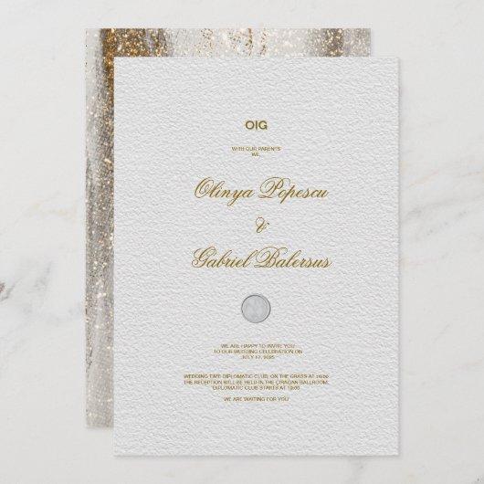 Faire-part de mariage blanc avec pinceau or (Devant / Derrière)