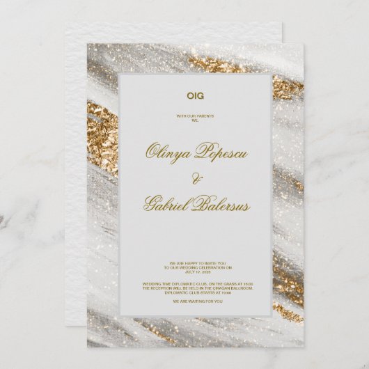 Faire-part de mariage blanc avec pinceau or (Devant / Derrière)