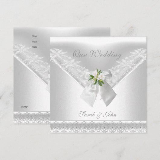 Faire-part de mariage blanc avec ruban blanc et de (Devant / Derrière)