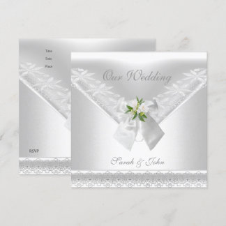Faire-part de mariage blanc avec ruban blanc et de