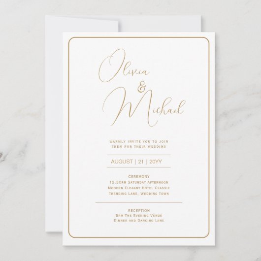 Faire-part de mariage blanc avec texte or (Devant)