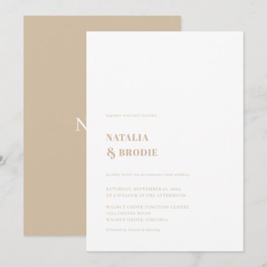 Faire-part de mariage blanc beige simple (Devant / Derrière)