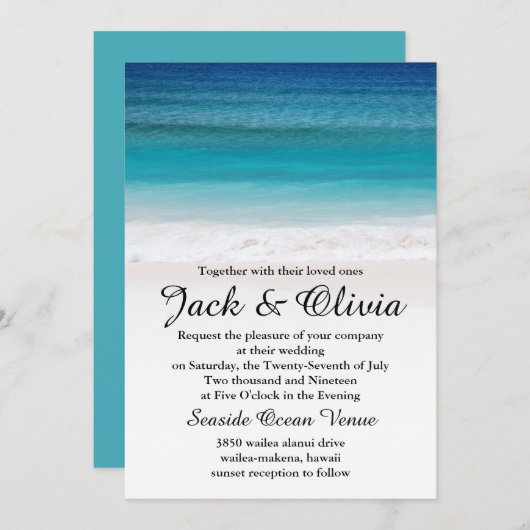 Faire-part de mariage blanc de plage d'océan de (Devant / Derrière)