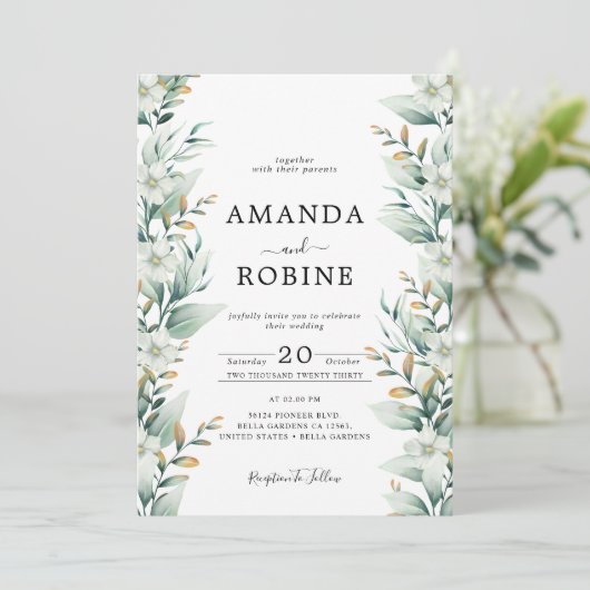 Faire-part de mariage blanc d'eucalyptus (Debout devant)