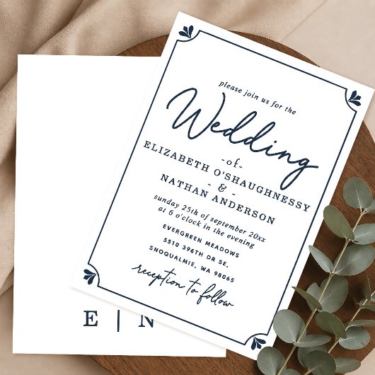 Faire-part de mariage blanc et bleu à l'écriture é