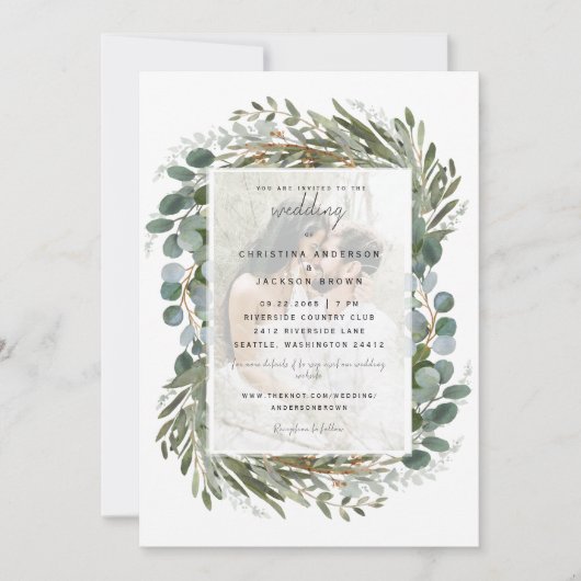 Faire-part de mariage blanc eucalyptus photo (Devant)
