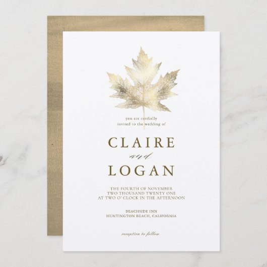 Faire-part de mariage blanc feuille d'érable or (Devant / Derrière)