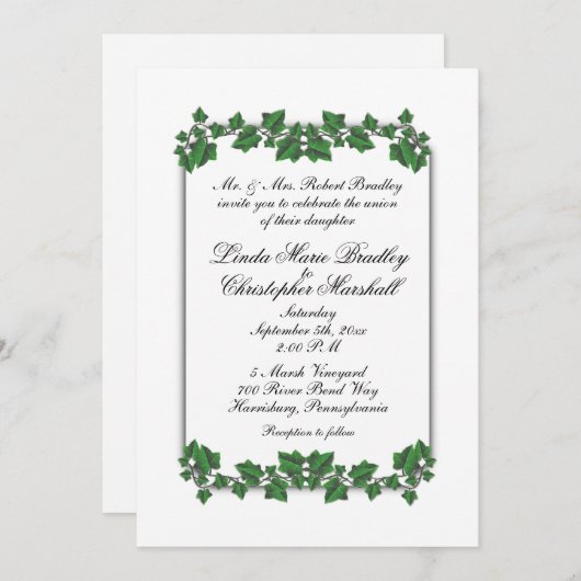 Faire-part de mariage blanc Feuille vert (Devant / Derrière)