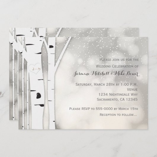 Faire-part de mariage blanc hivernal de Birch Rust (Devant / Derrière)