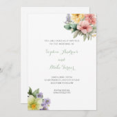 Faire-part de mariage blanc moderne & Fleurs paste (Devant / Derrière)