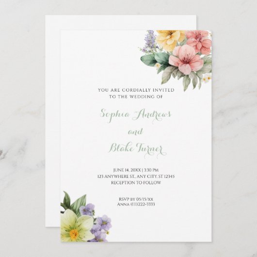 Faire-part de mariage blanc moderne & Fleurs paste (Devant / Derrière)