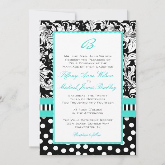 Faire-part de mariage blanc noir de turquoise de (Devant)