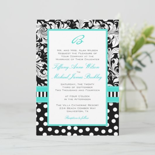 Faire-part de mariage blanc noir de turquoise de (Debout devant)