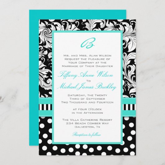 Faire-part de mariage blanc noir de turquoise de (Devant / Derrière)