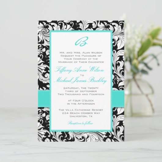 Faire-part de mariage blanc noir de turquoise de (Debout devant)