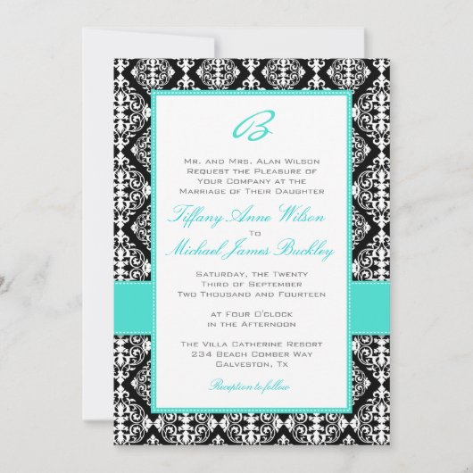 Faire-part de mariage blanc noir de turquoise de (Devant)