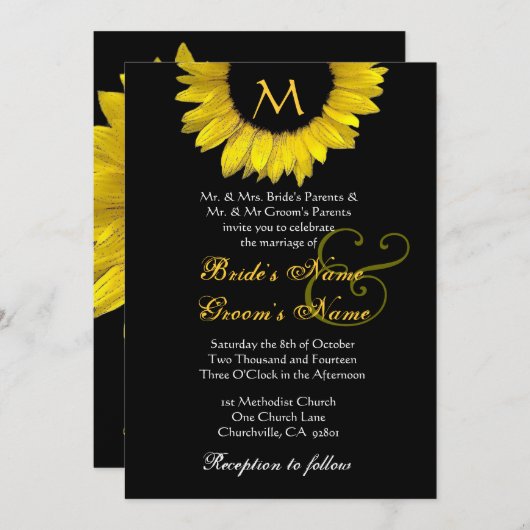 Faire-part de mariage blanc noir jaune de (Devant / Derrière)