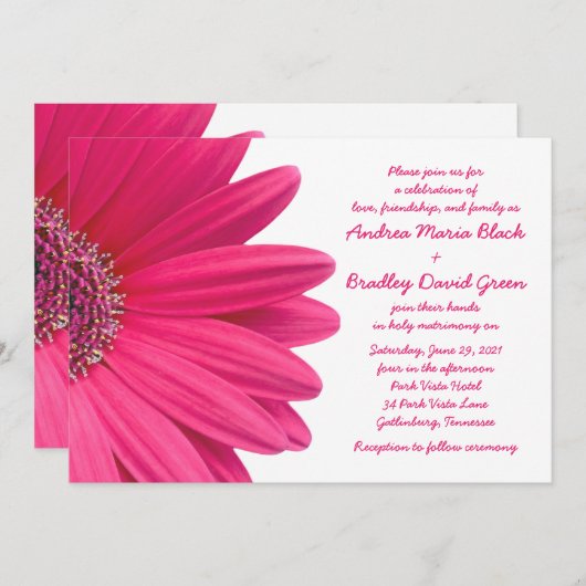 Faire-part de mariage blanc rose chaud Gerbera Dai (Devant / Derrière)