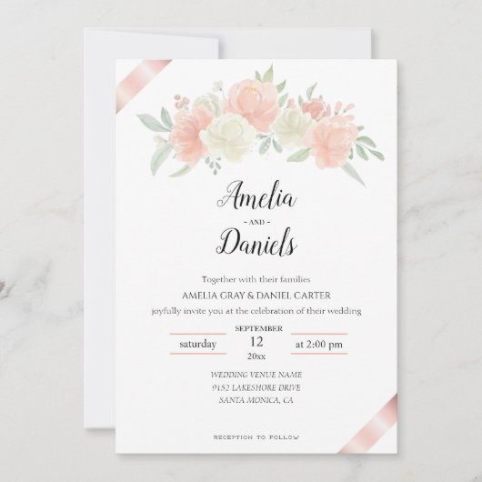 Faire-part de mariage blanc rose ruban en or rose (Devant)