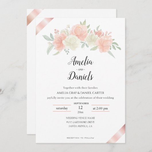Faire-part de mariage blanc rose ruban en or rose (Devant / Derrière)