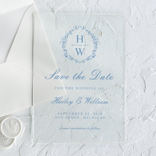 Faire-part de mariage bleu à monogramme vintage