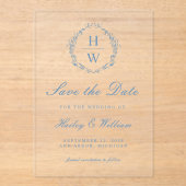 Faire-part de mariage bleu à monogramme vintage (Recto)