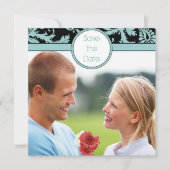 Faire-part de mariage bleu aqua damassé sur fond n (Devant)