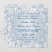 Faire-part de mariage bleu argenté à flocons blanc (Devant / Derrière)