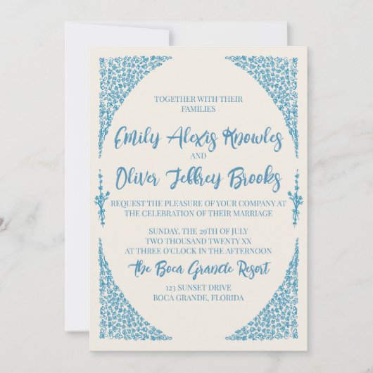 Faire-part de mariage bleu Azulejo (Devant)