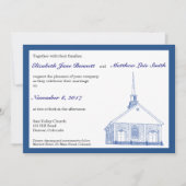 Faire-part de mariage bleu bilingue de chapelle (Devant)