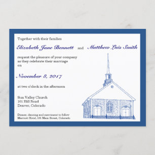 Faire-part de mariage bleu bilingue de chapelle