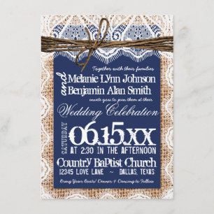 Faire-part de mariage Bleu Burlap de la marine rus