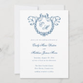 Faire-Part de Mariage Bleu Couronne Monogramme Fra (Devant)