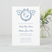 Faire-Part de Mariage Bleu Couronne Monogramme Fra (Debout devant)