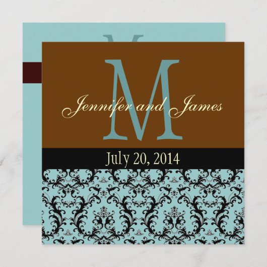 Faire-part de mariage bleu de brun de monogramme (Devant / Derrière)