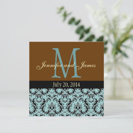 Faire-part de mariage bleu de brun de monogramme (Debout devant)