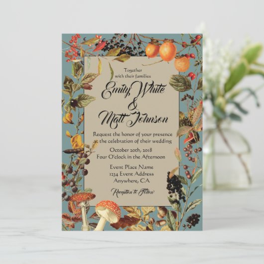 Faire-part de mariage bleu de feuillage d'automne (Debout devant)