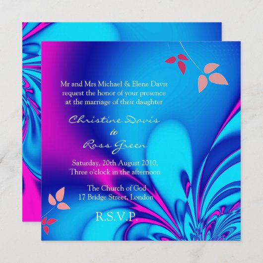 faire-part de mariage bleu de Fuchsia et de marine (Devant / Derrière)