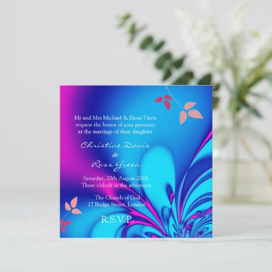 faire-part de mariage bleu de Fuchsia et de marine (Debout devant)