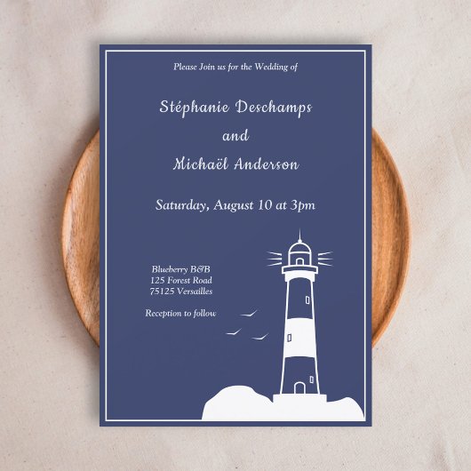 Faire-part de mariage bleu de la marine phare