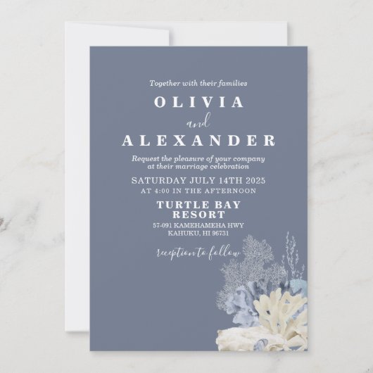 Faire-part de mariage bleu de plage de coquillages (Devant)