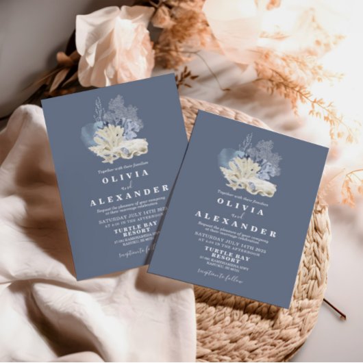 Faire-part de mariage bleu de plage de coquillages