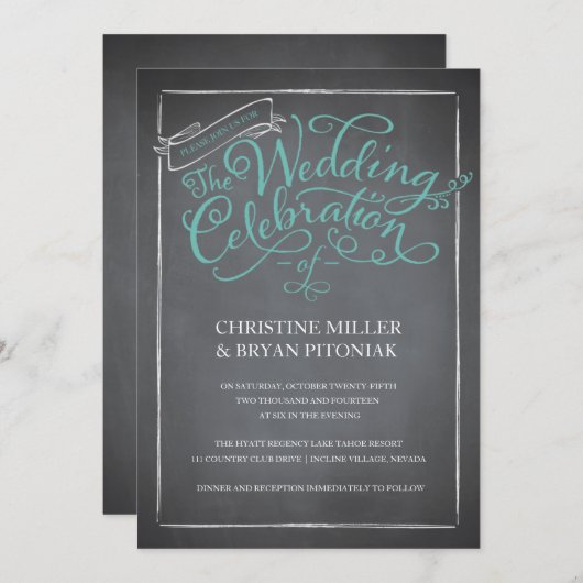 Faire-part de mariage Bleu de script de tableau no (Devant / Derrière)