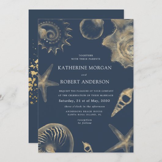 Faire-part de mariage bleu doré de mariage sur la (Devant / Derrière)