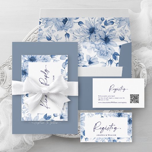 Faire-part de mariage bleu Dusty avec code QR
